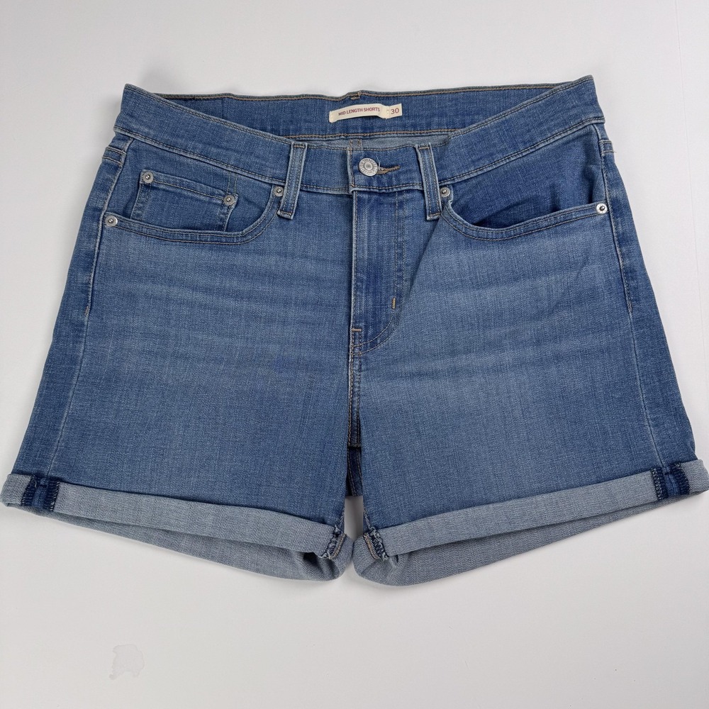 Levi's Mid Length Shorts Womens 30 (31x4) Blue Denim Cuffed Bermuda Stretch